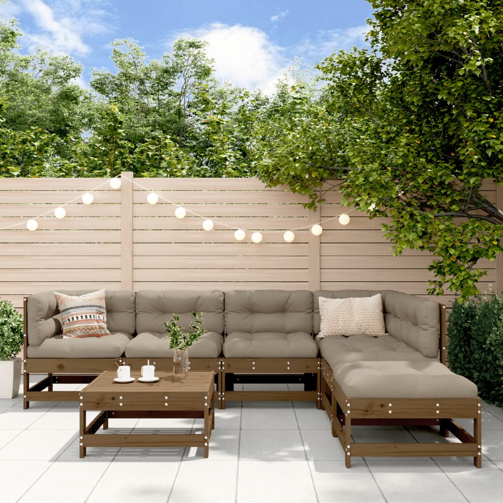 7-tlg. Garten-Lounge-Set mit Kissen Honigbraun Massivholz