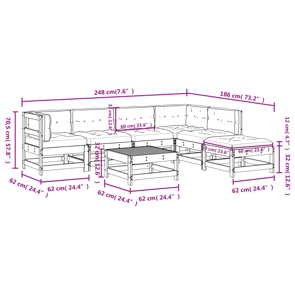 7-tlg. Garten-Lounge-Set mit Kissen Schwarz Massivholz