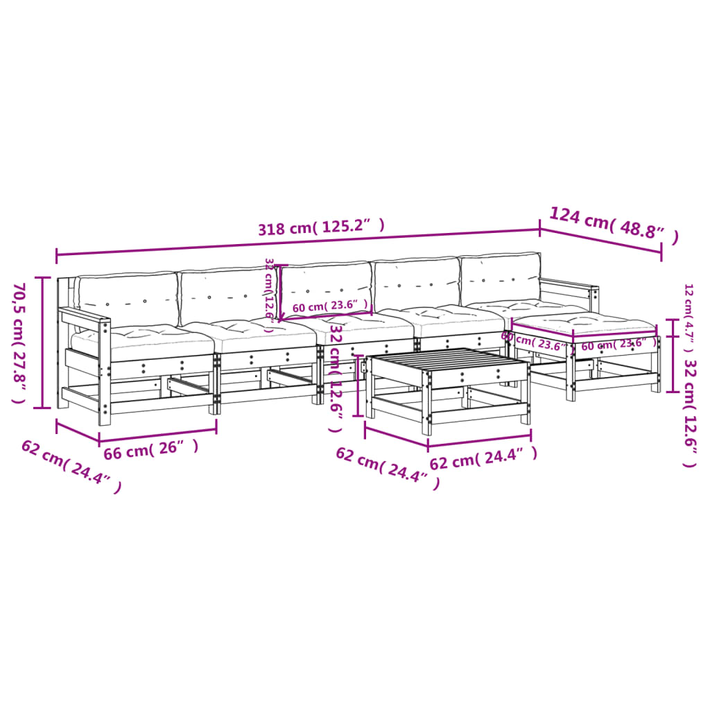 7-tlg. Garten-Lounge-Set mit Kissen Schwarz Massivholz