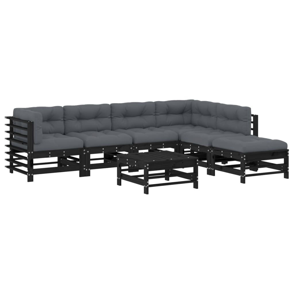 7-tlg. Garten-Lounge-Set mit Kissen Schwarz Massivholz