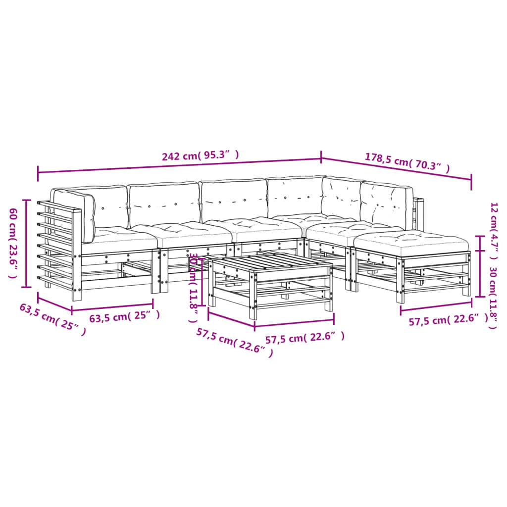 7-tlg. Garten-Lounge-Set mit Kissen Schwarz Massivholz