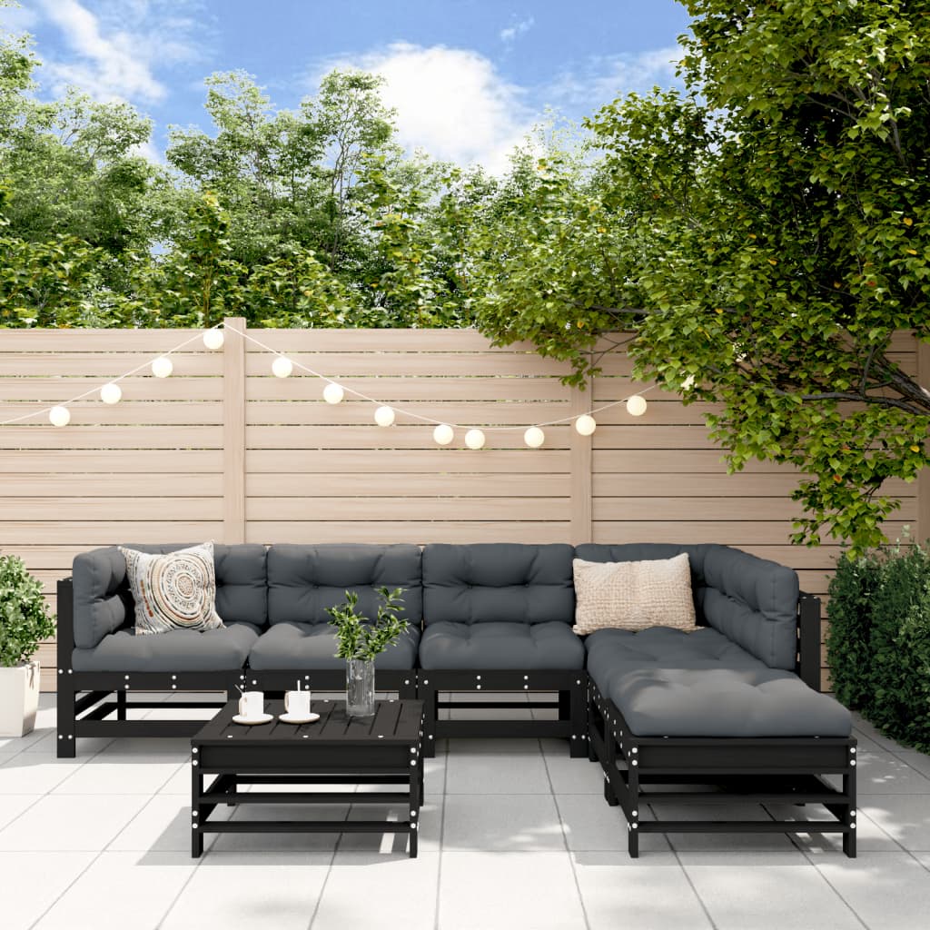 7-tlg. Garten-Lounge-Set mit Kissen Schwarz Massivholz
