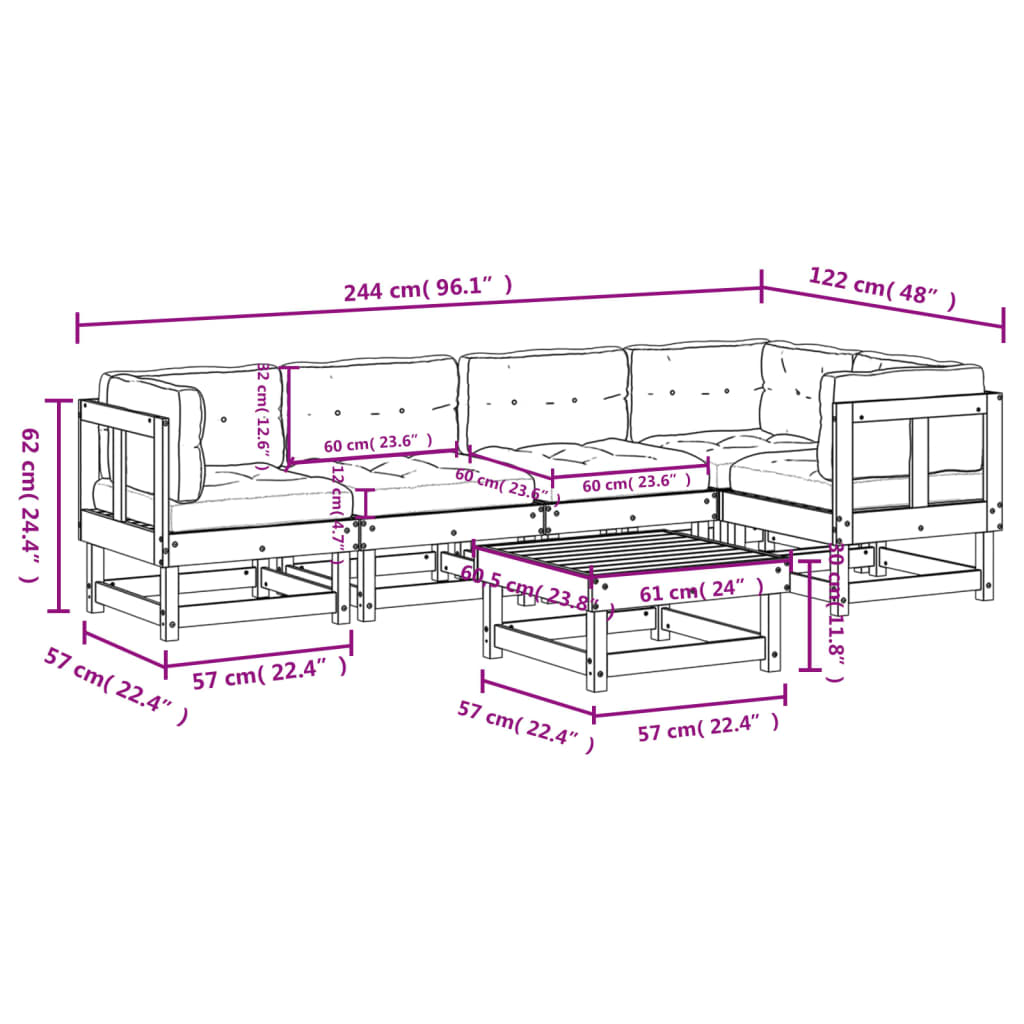 6-tlg. Garten-Lounge-Set mit Kissen Massivholz