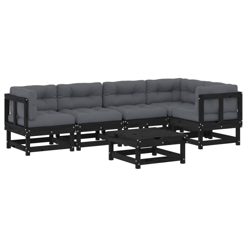 6-tlg. Garten-Lounge-Set mit Kissen Schwarz Massivholz