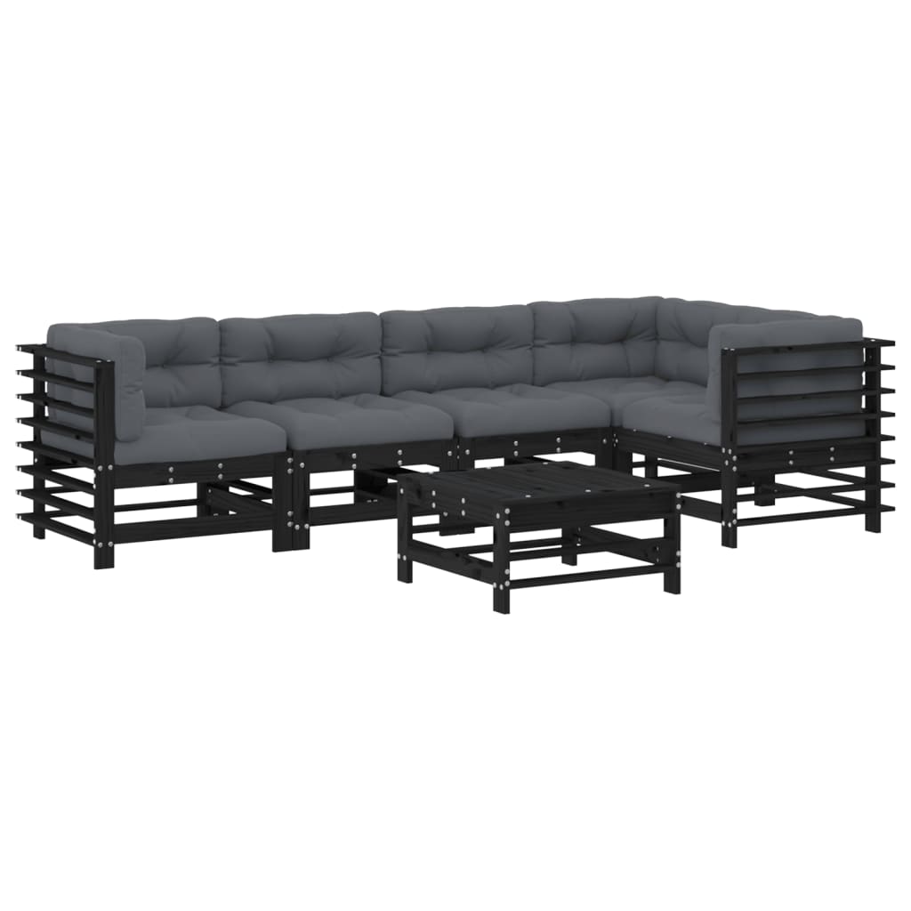 6-tlg. Garten-Lounge-Set mit Kissen Schwarz Massivholz