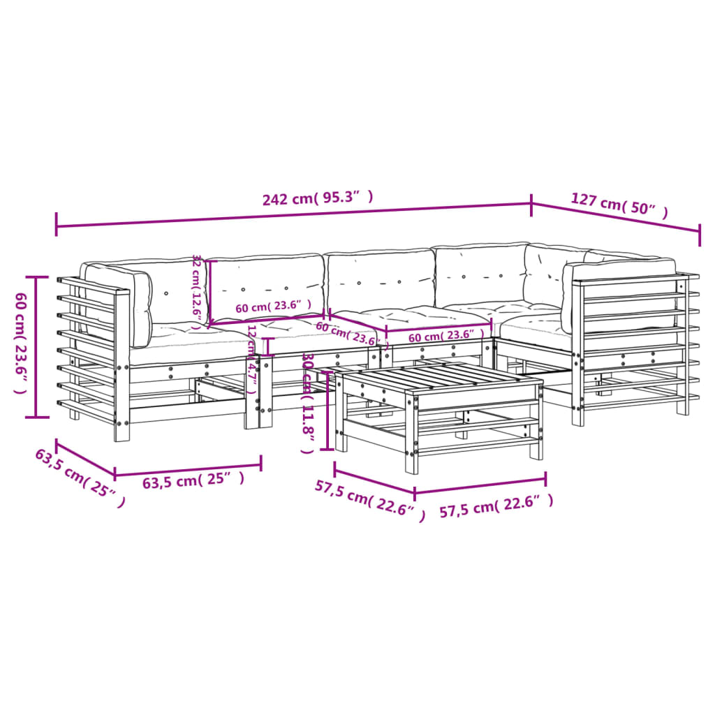 6-tlg. Garten-Lounge-Set mit Kissen Schwarz Massivholz