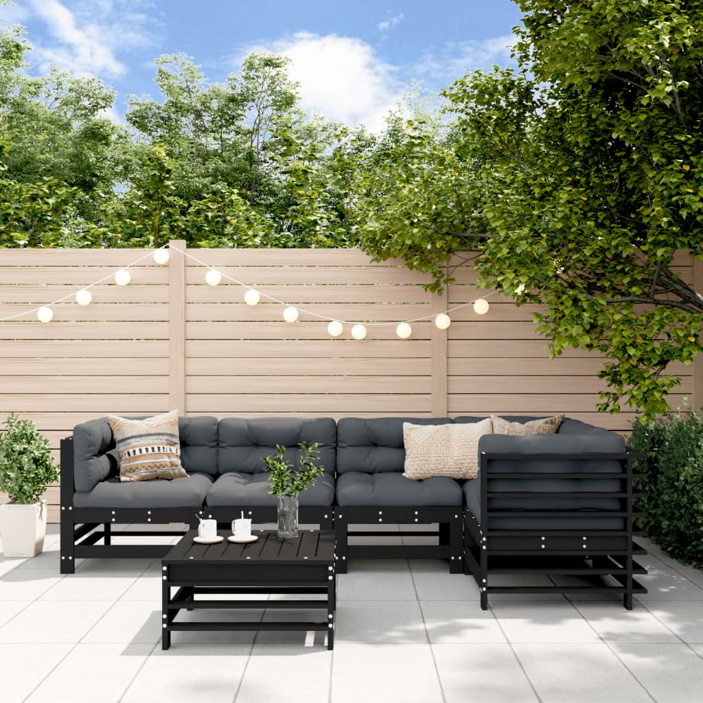6-tlg. Garten-Lounge-Set mit Kissen Schwarz Massivholz