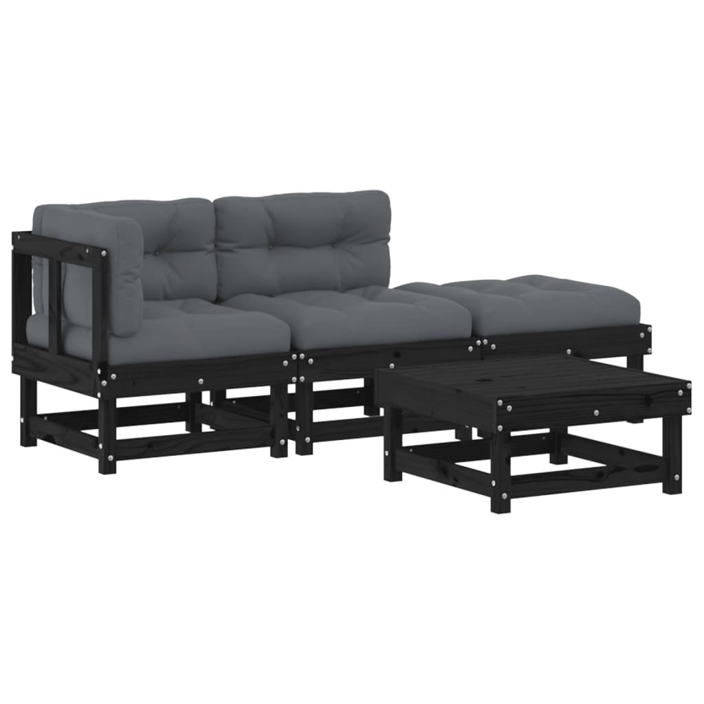 4-tlg. Garten-Lounge-Set mit Kissen Schwarz Massivholz