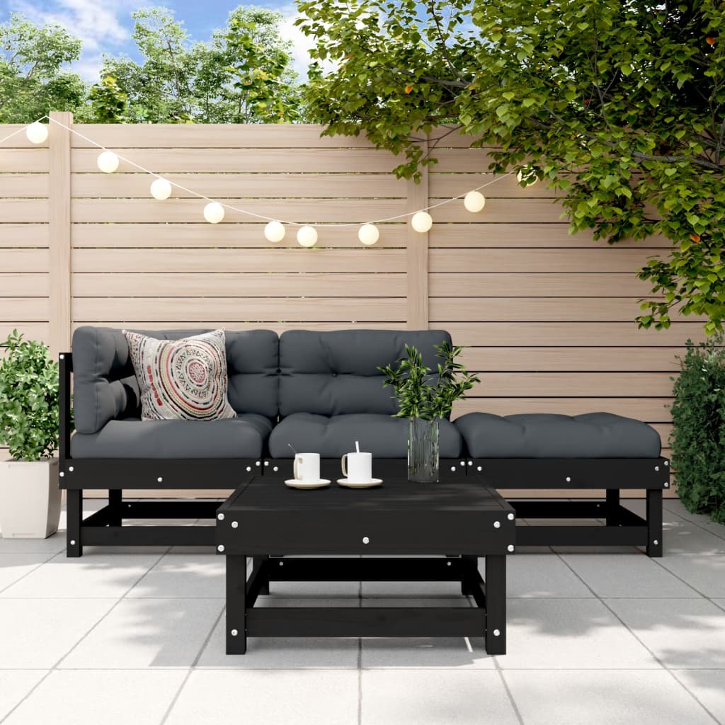 4-tlg. Garten-Lounge-Set mit Kissen Schwarz Massivholz