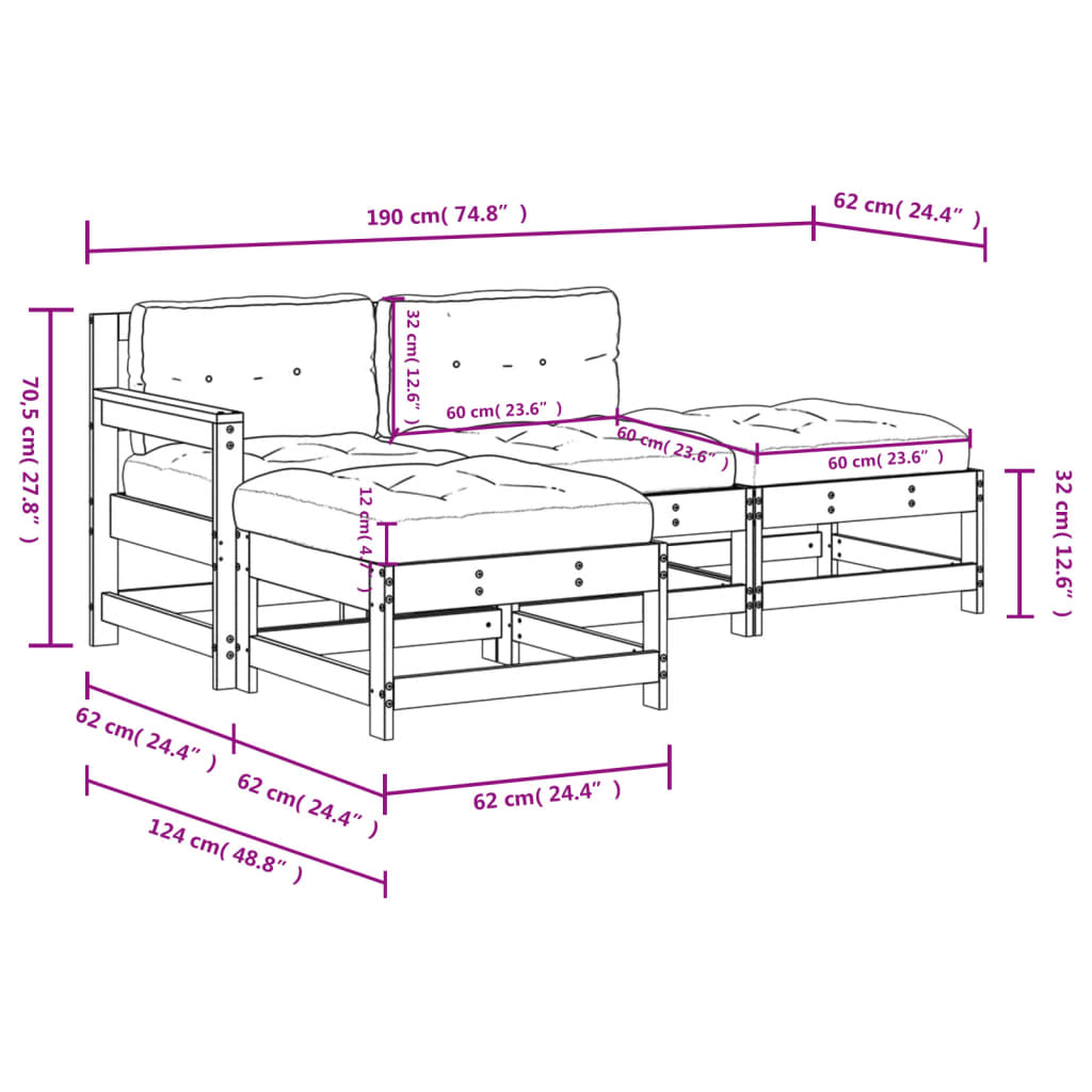 4-tlg. Garten-Lounge-Set mit Kissen Schwarz Massivholz