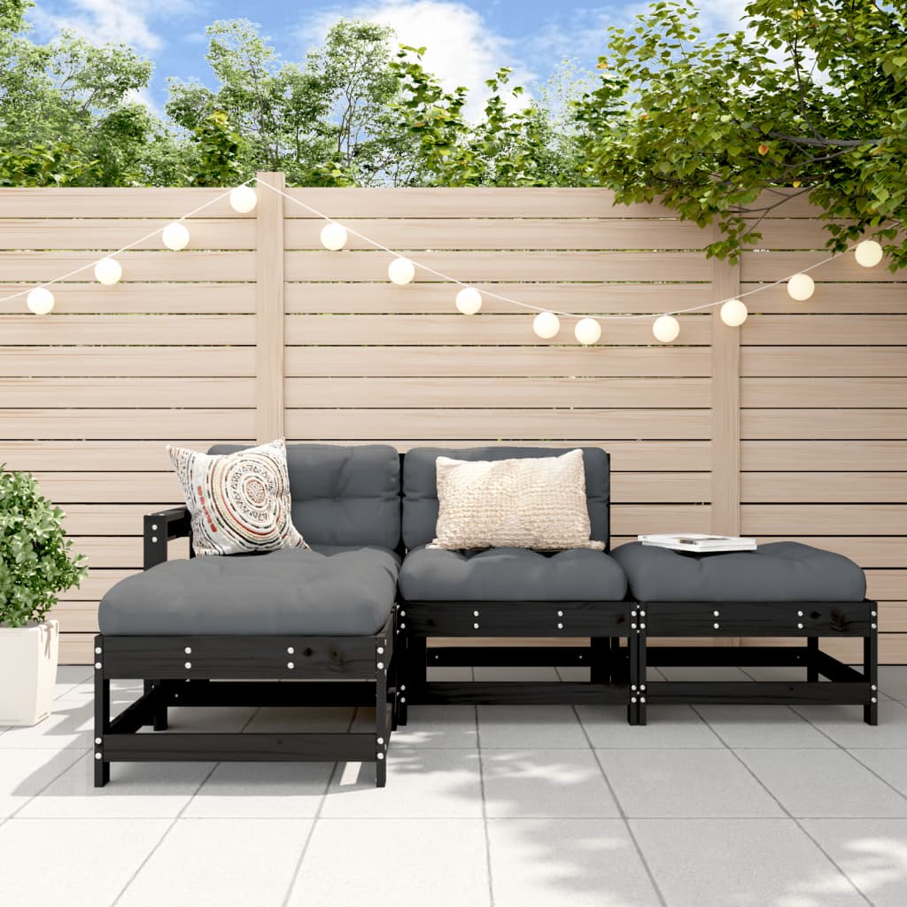 4-tlg. Garten-Lounge-Set mit Kissen Schwarz Massivholz