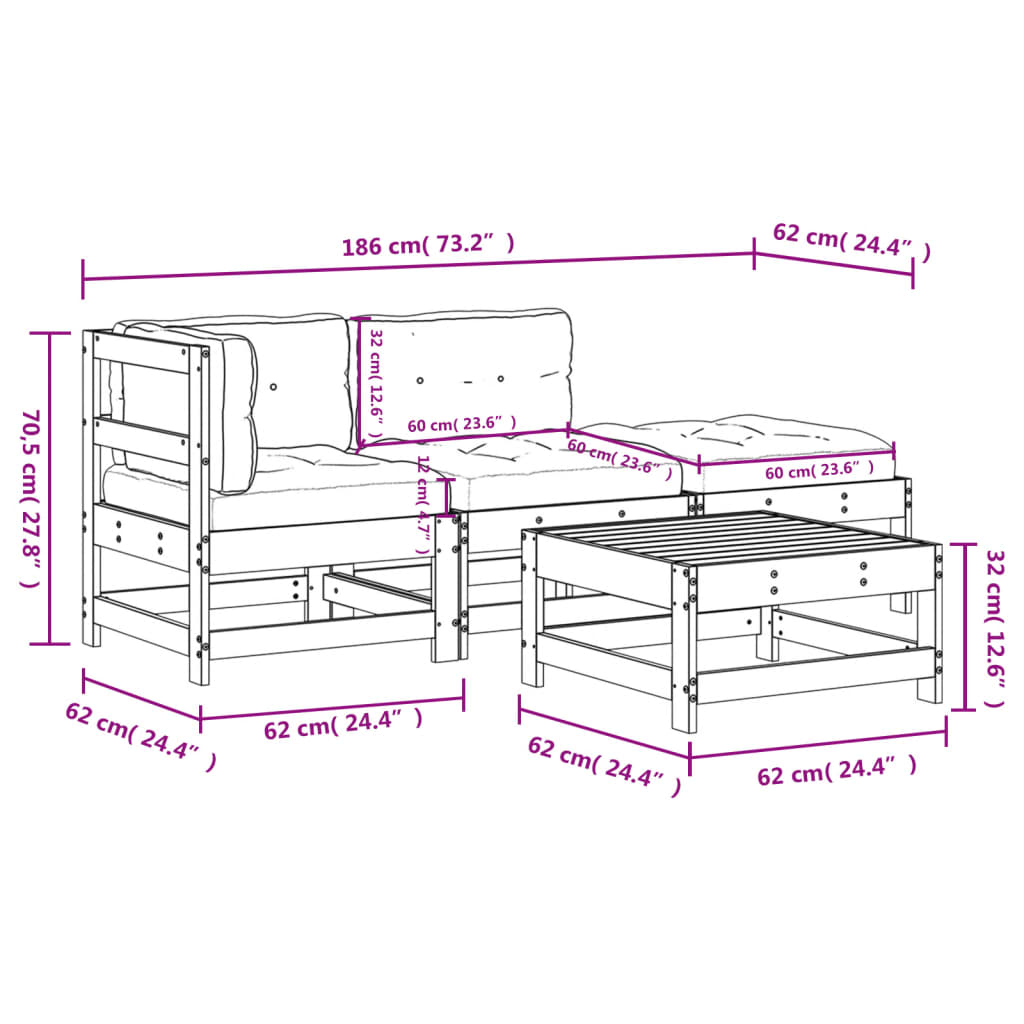 4-tlg. Garten-Lounge-Set mit Kissen Honigbraun Massivholz