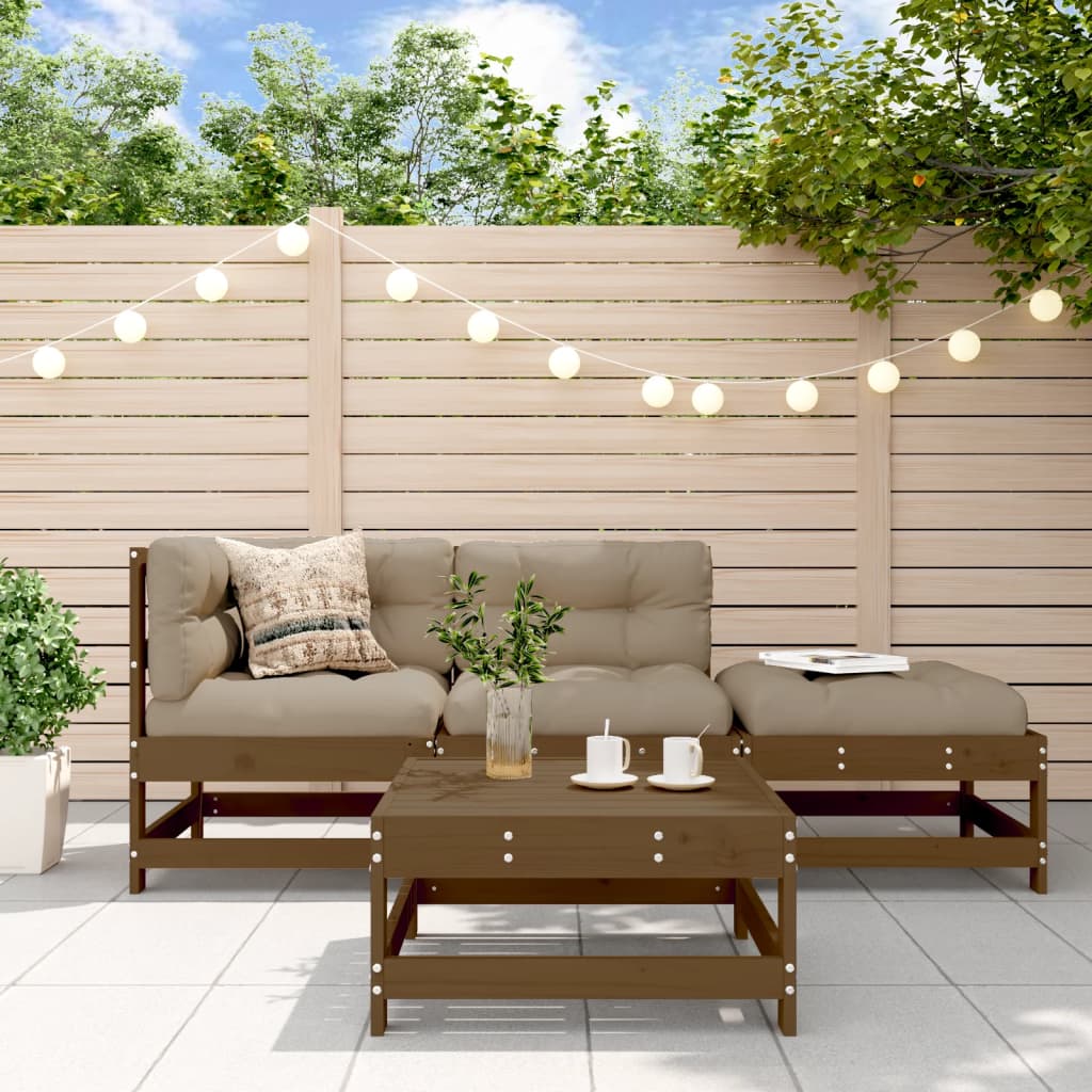 4-tlg. Garten-Lounge-Set mit Kissen Honigbraun Massivholz