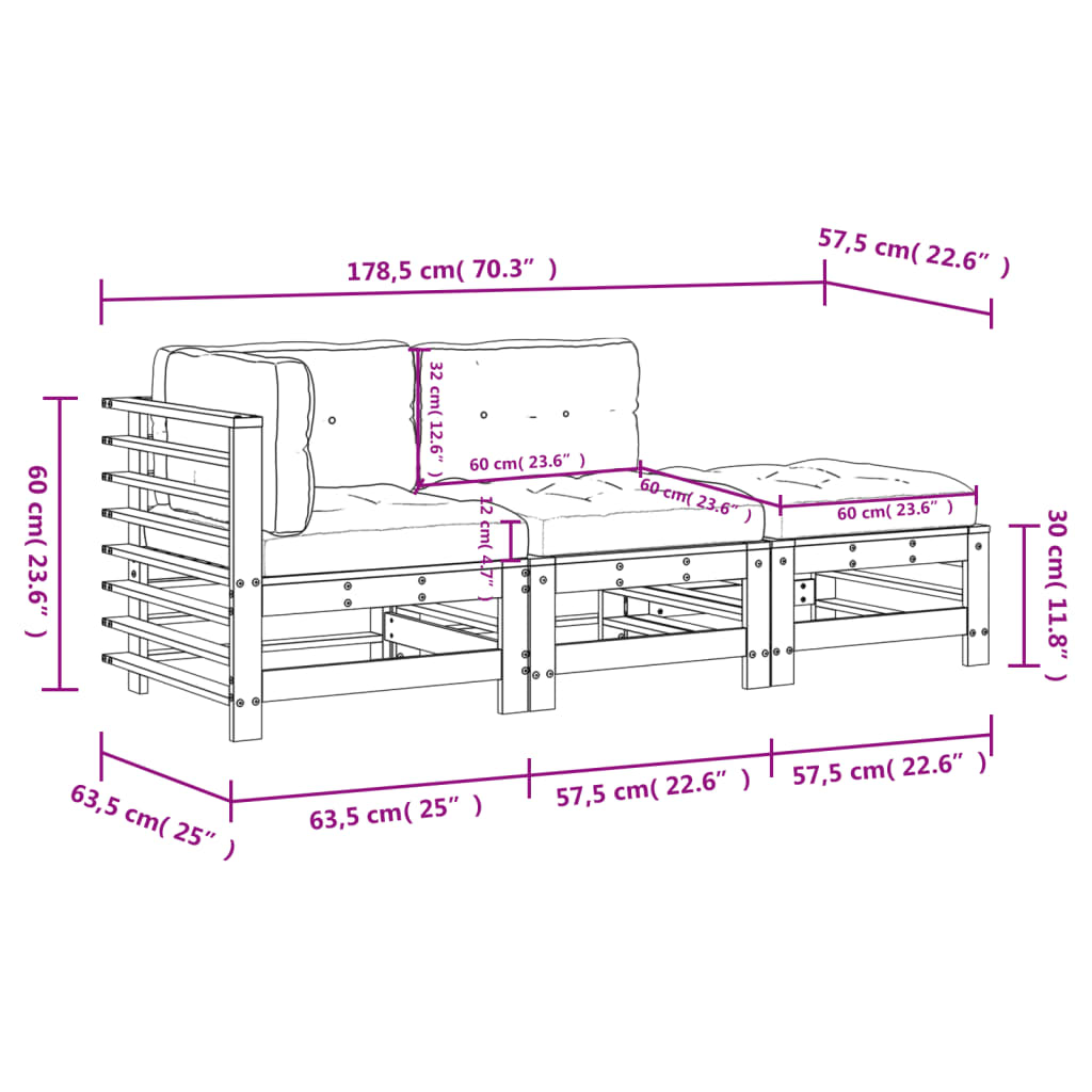 3-tlg. Garten-Lounge-Set mit Kissen Schwarz Massivholz