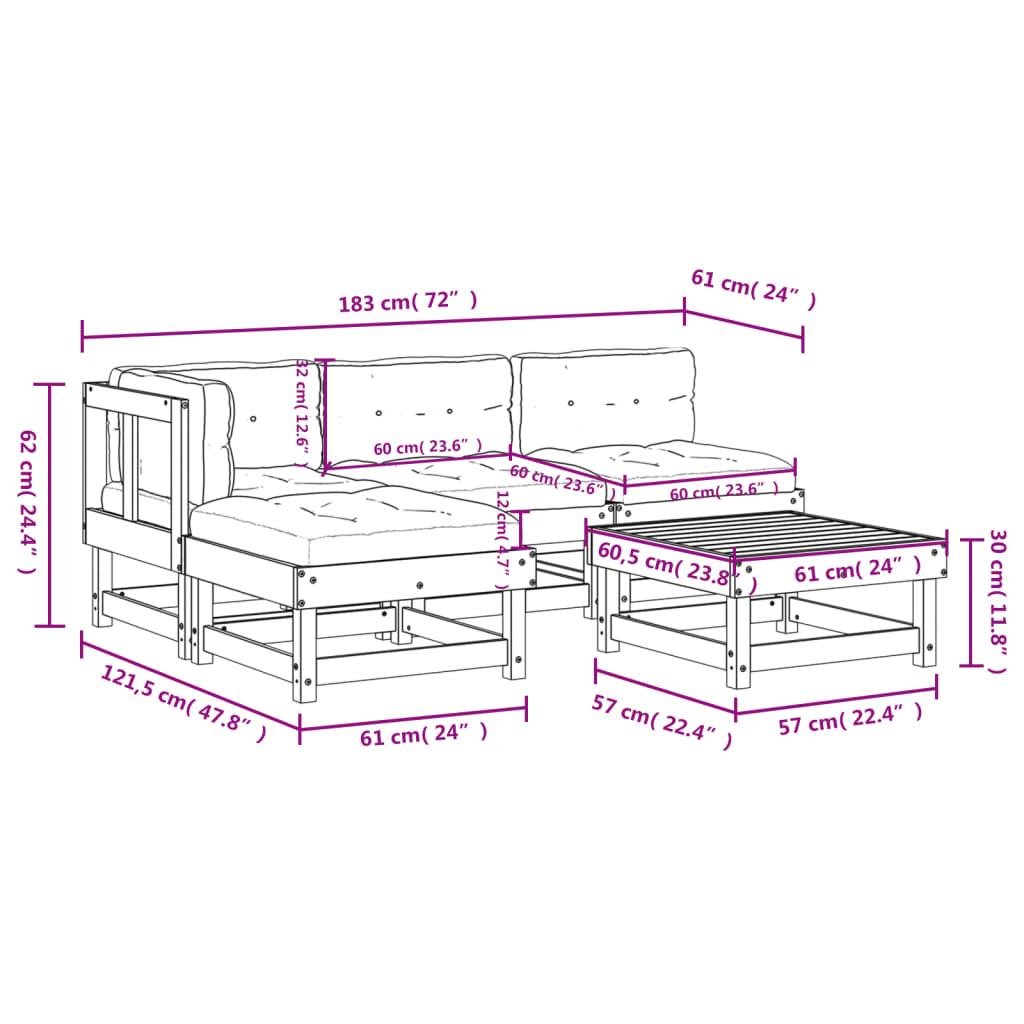 5-tlg. Garten-Lounge-Set mit Kissen Massivholz