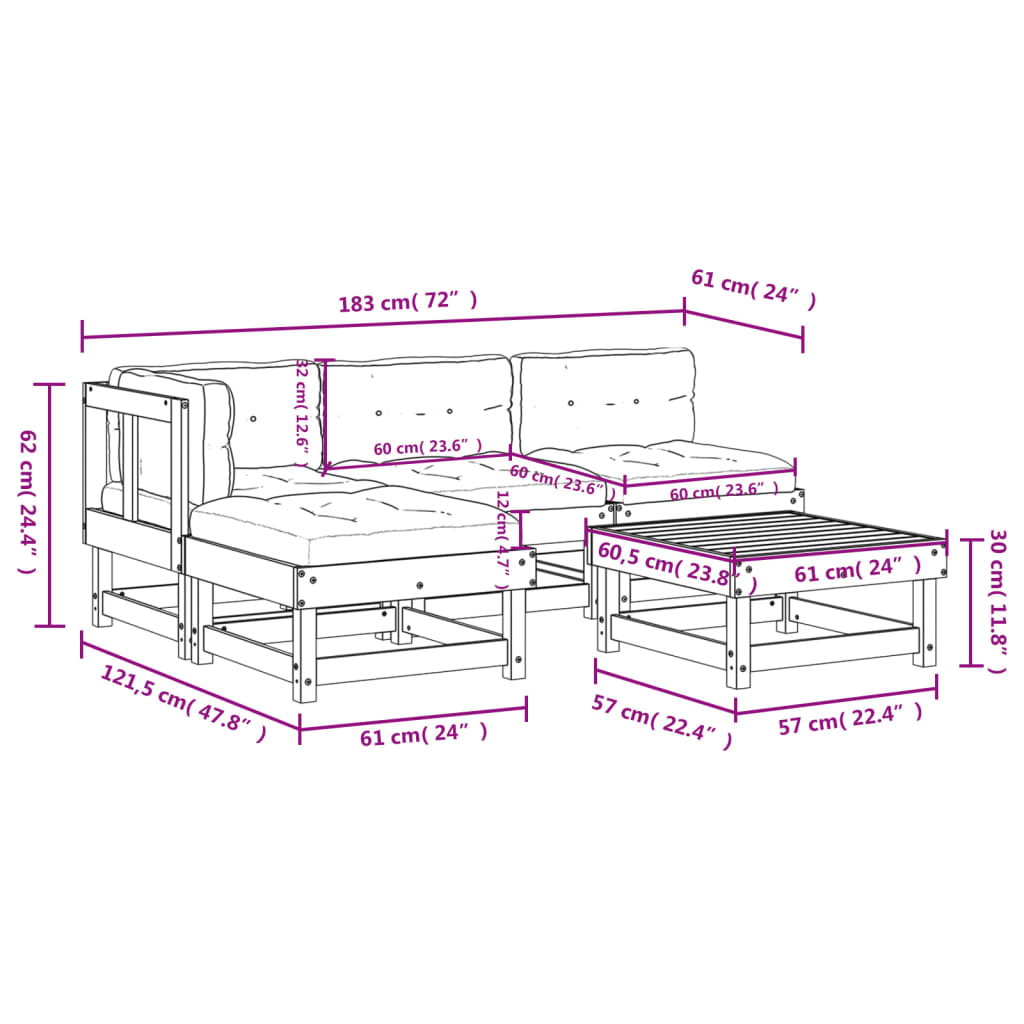 5-tlg. Garten-Lounge-Set mit Kissen Grau Massivholz