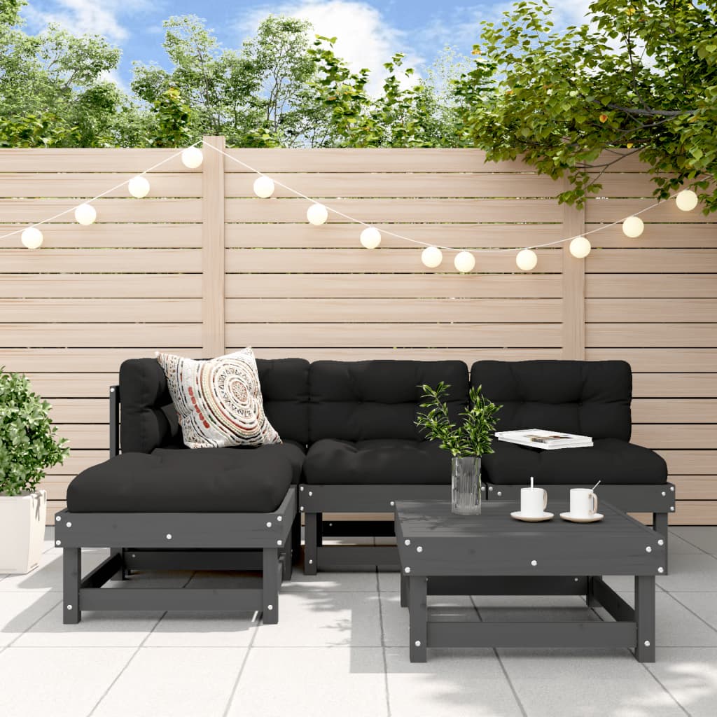 5-tlg. Garten-Lounge-Set mit Kissen Grau Massivholz