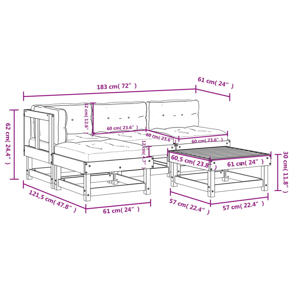 5-tlg. Garten-Lounge-Set mit Kissen Honigbraun Massivholz