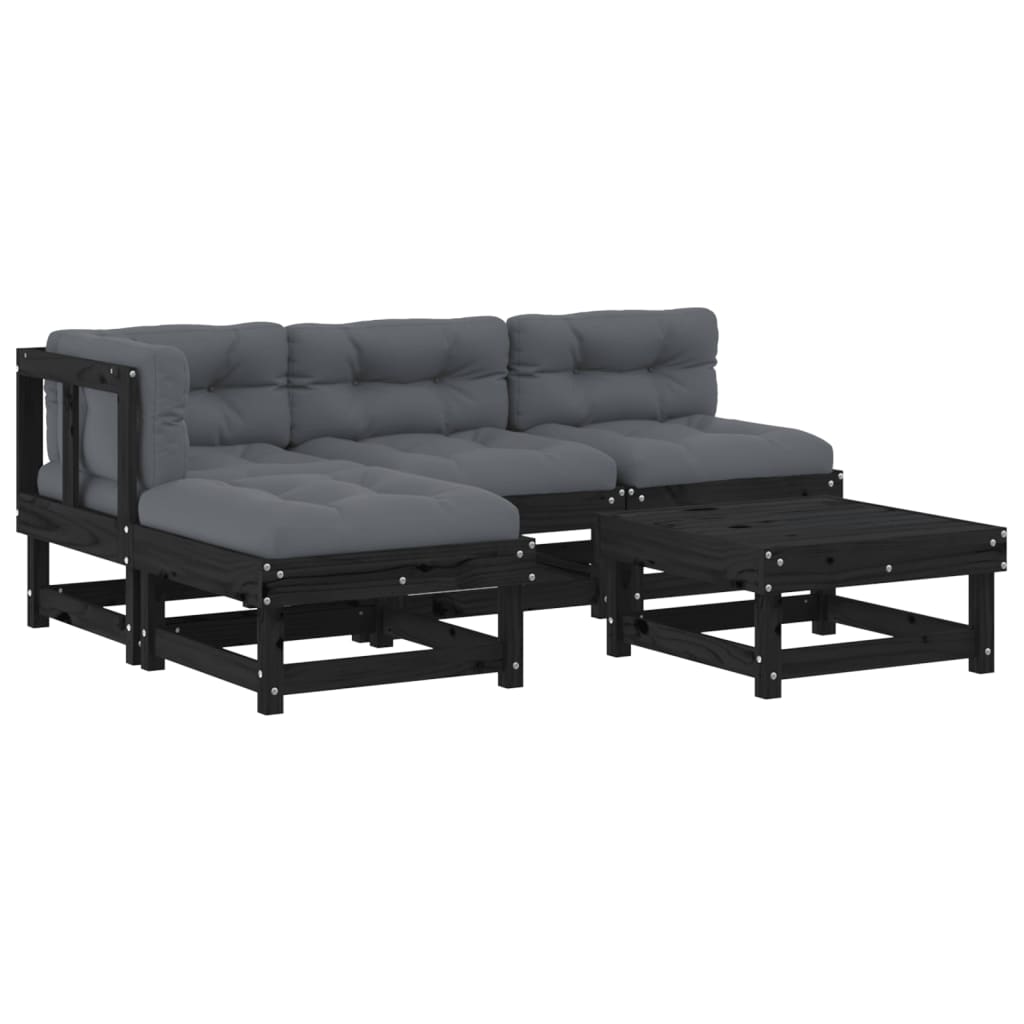 5-tlg. Garten-Lounge-Set mit Kissen Schwarz Massivholz