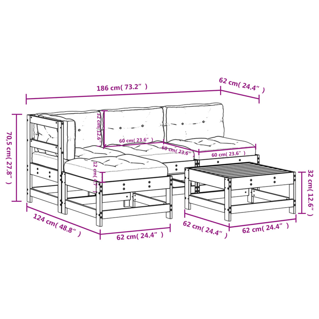 5-tlg. Garten-Lounge-Set mit Kissen Honigbraun Massivholz