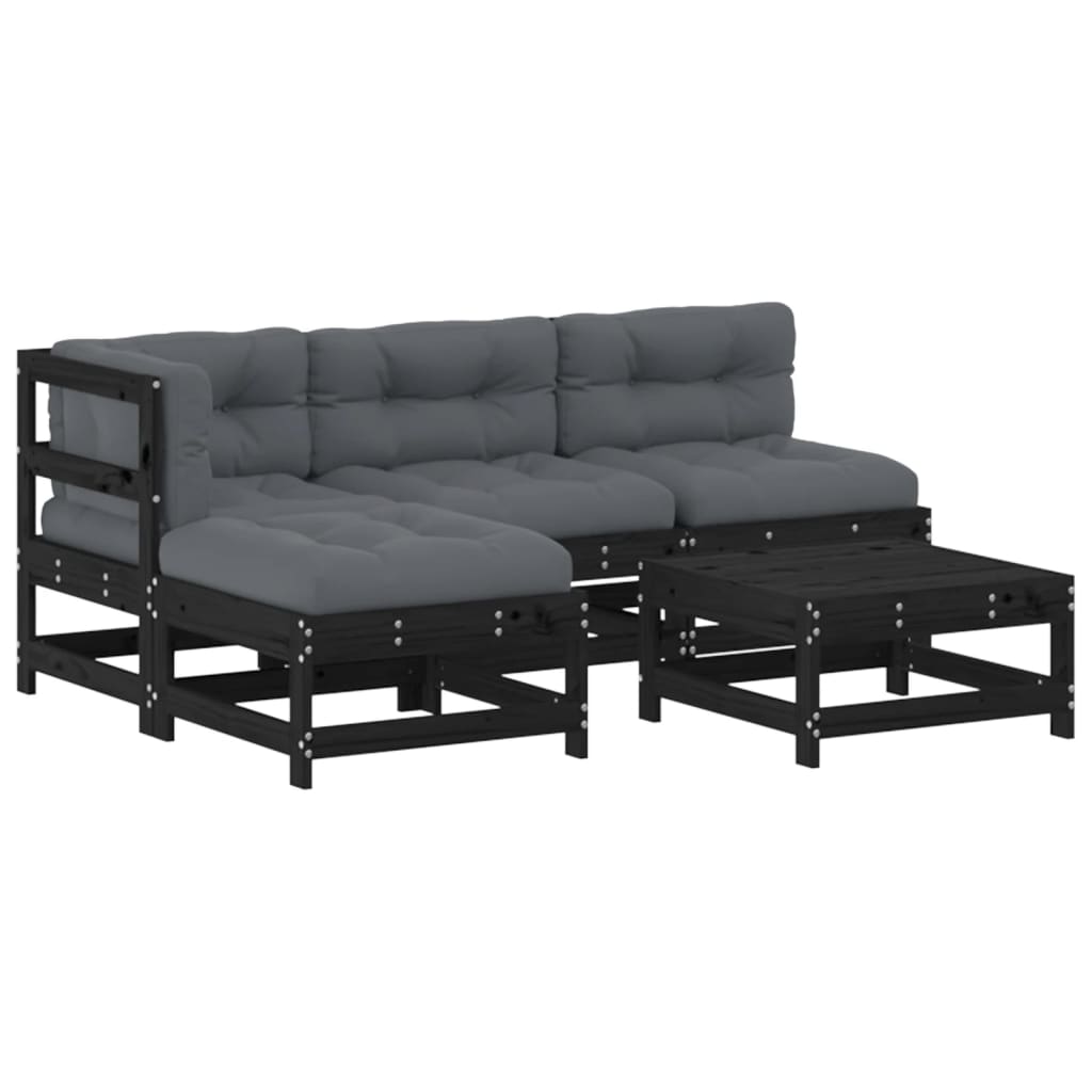5-tlg. Garten-Lounge-Set mit Kissen Schwarz Massivholz