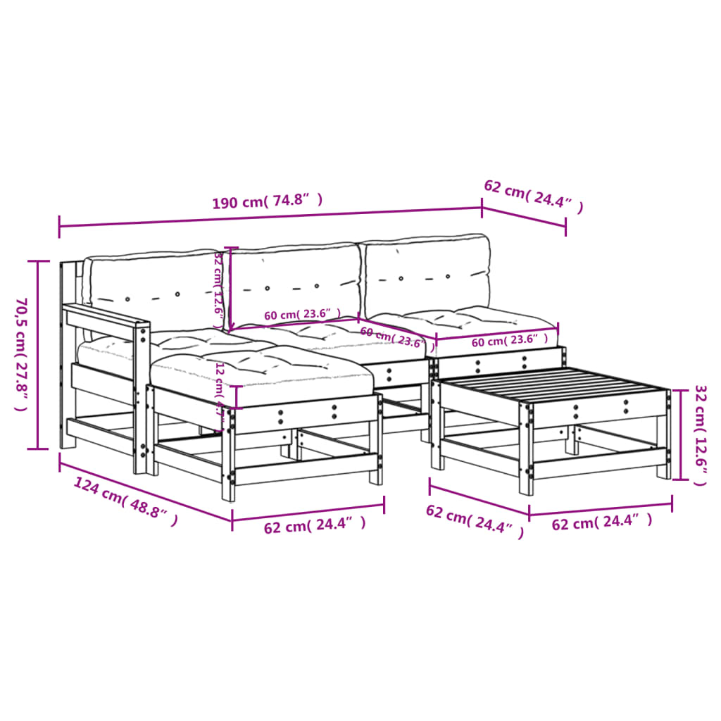 5-tlg. Garten-Lounge-Set mit Kissen Schwarz Massivholz