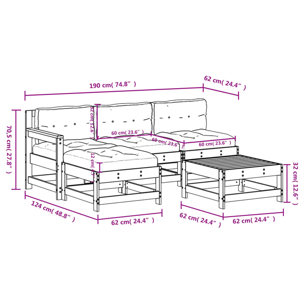 5-tlg. Garten-Lounge-Set mit Kissen Schwarz Massivholz