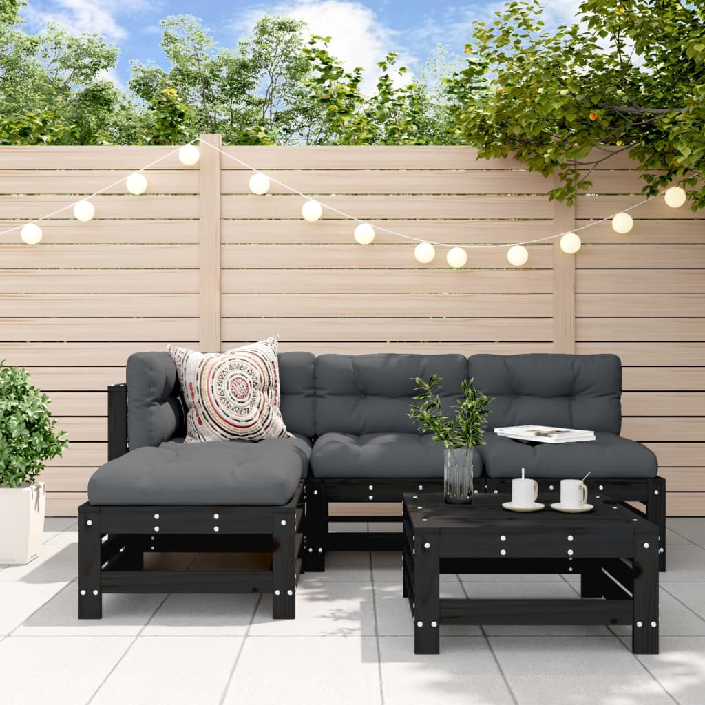5-tlg. Garten-Lounge-Set mit Kissen Schwarz Massivholz