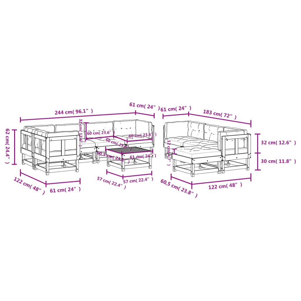 10-tlg. Garten-Lounge-Set mit Kissen Grau Massivholz