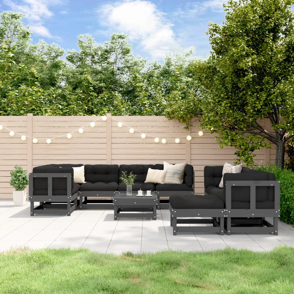 10-tlg. Garten-Lounge-Set mit Kissen Grau Massivholz