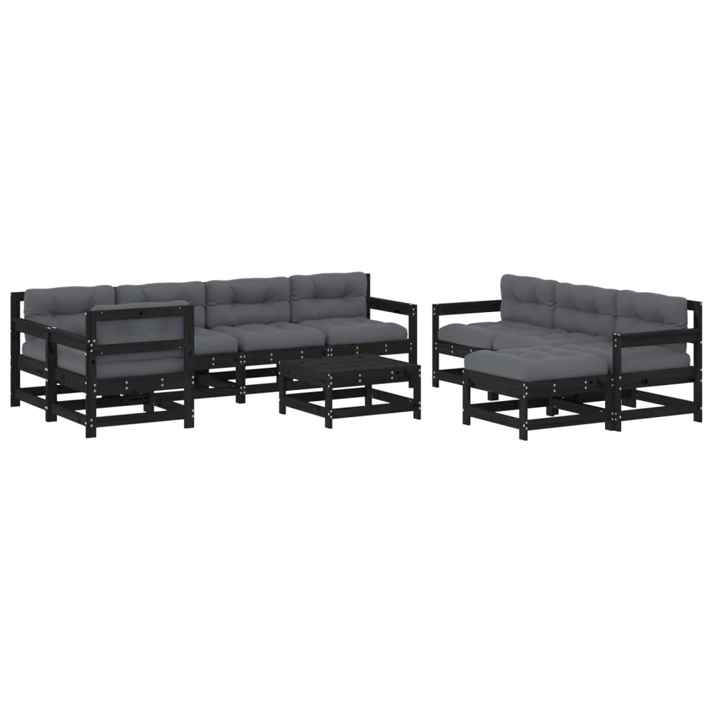 10-tlg. Garten-Lounge-Set mit Kissen Schwarz Massivholz
