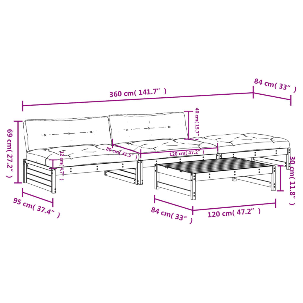 4-tlg. Garten-Lounge-Set mit Kissen Schwarz Massivholz