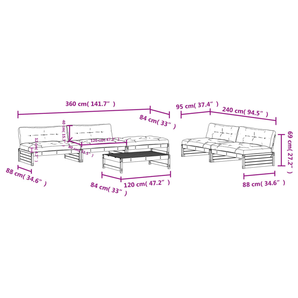 6-tlg. Garten-Lounge-Set mit Kissen Schwarz Massivholz