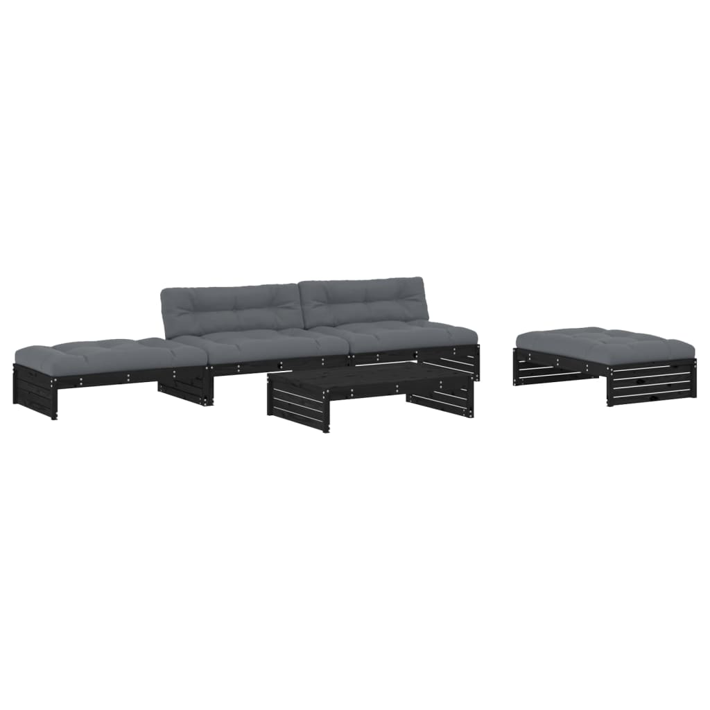 5-tlg. Garten-Lounge-Set mit Kissen Schwarz Massivholz