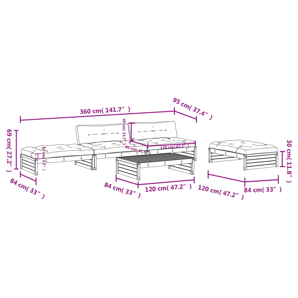 5-tlg. Garten-Lounge-Set mit Kissen Schwarz Massivholz