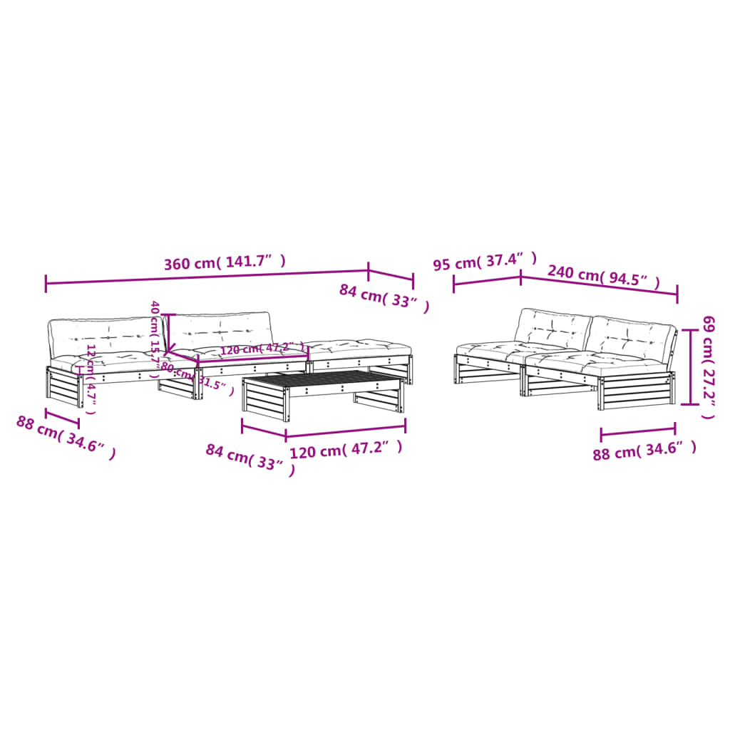 6-tlg. Garten-Lounge-Set mit Kissen Schwarz Massivholz