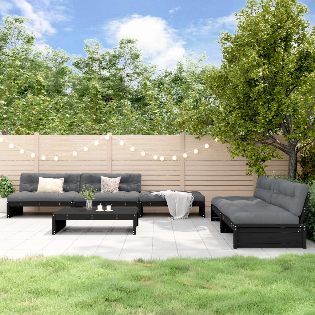 6-tlg. Garten-Lounge-Set mit Kissen Schwarz Massivholz