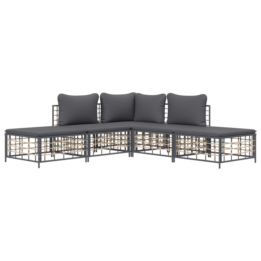 5-tlg. Garten-Lounge-Set mit Kissen Anthrazit Poly Rattan