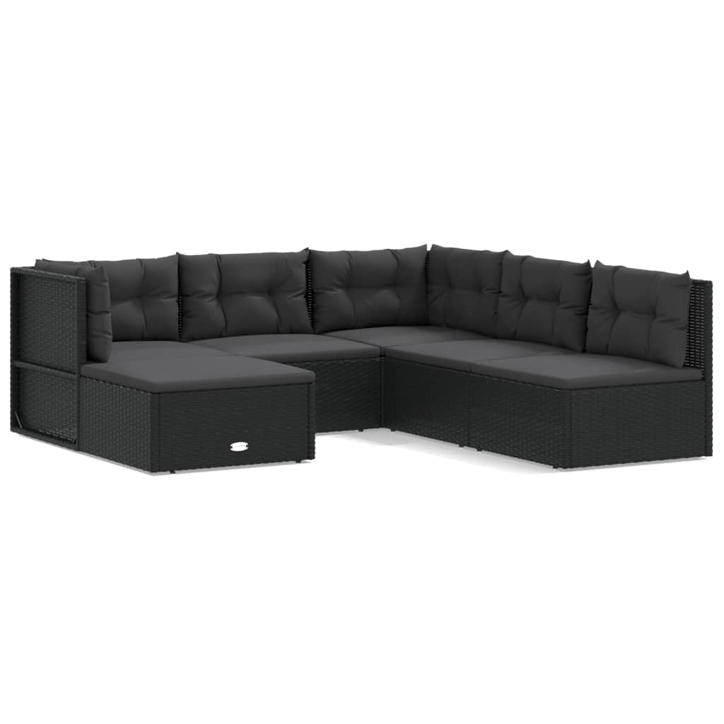 6-tlg. Garten-Lounge-Set mit Kissen Schwarz Poly Rattan