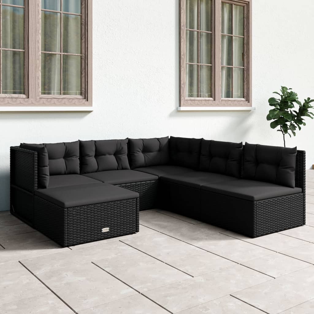 6-tlg. Garten-Lounge-Set mit Kissen Schwarz Poly Rattan