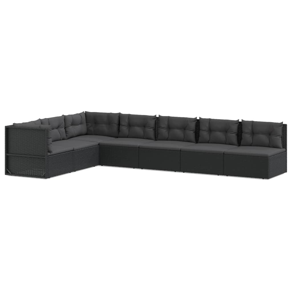 7-tlg. Garten-Lounge-Set mit Kissen Schwarz Poly Rattan