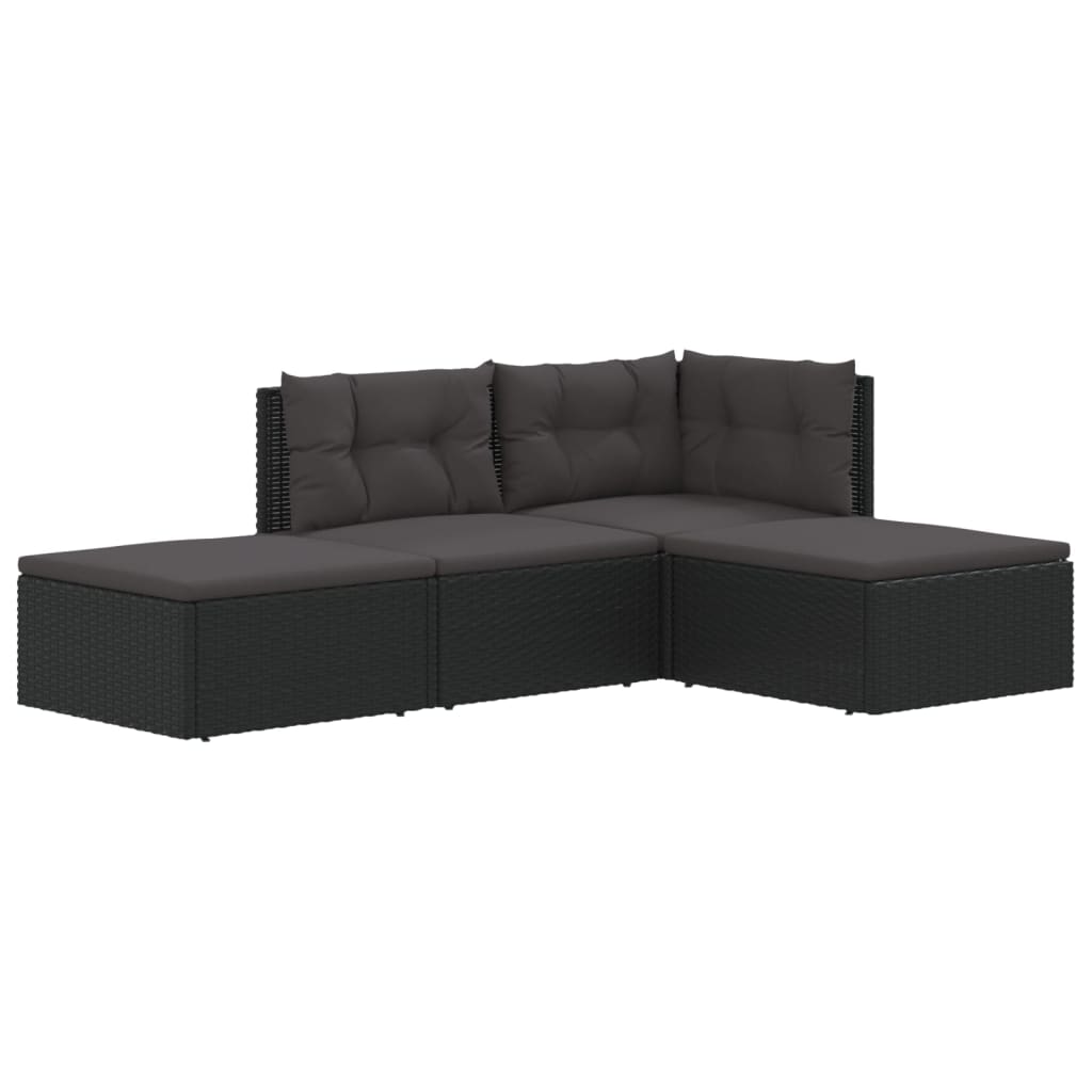 4-tlg. Garten-Lounge-Set mit Kissen Schwarz Poly Rattan