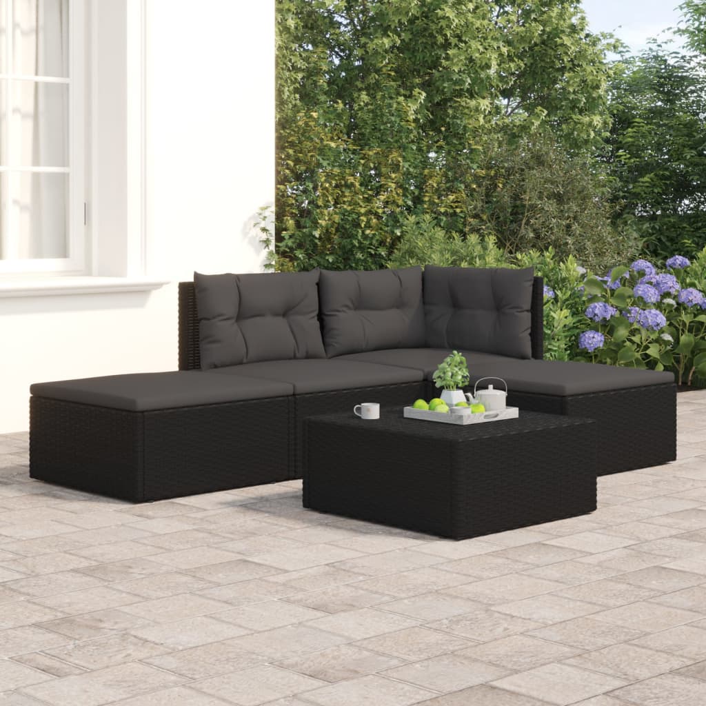 4-tlg. Garten-Lounge-Set mit Kissen Schwarz Poly Rattan