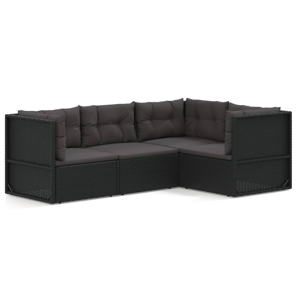 4-tlg. Garten-Lounge-Set mit Kissen Schwarz Poly Rattan