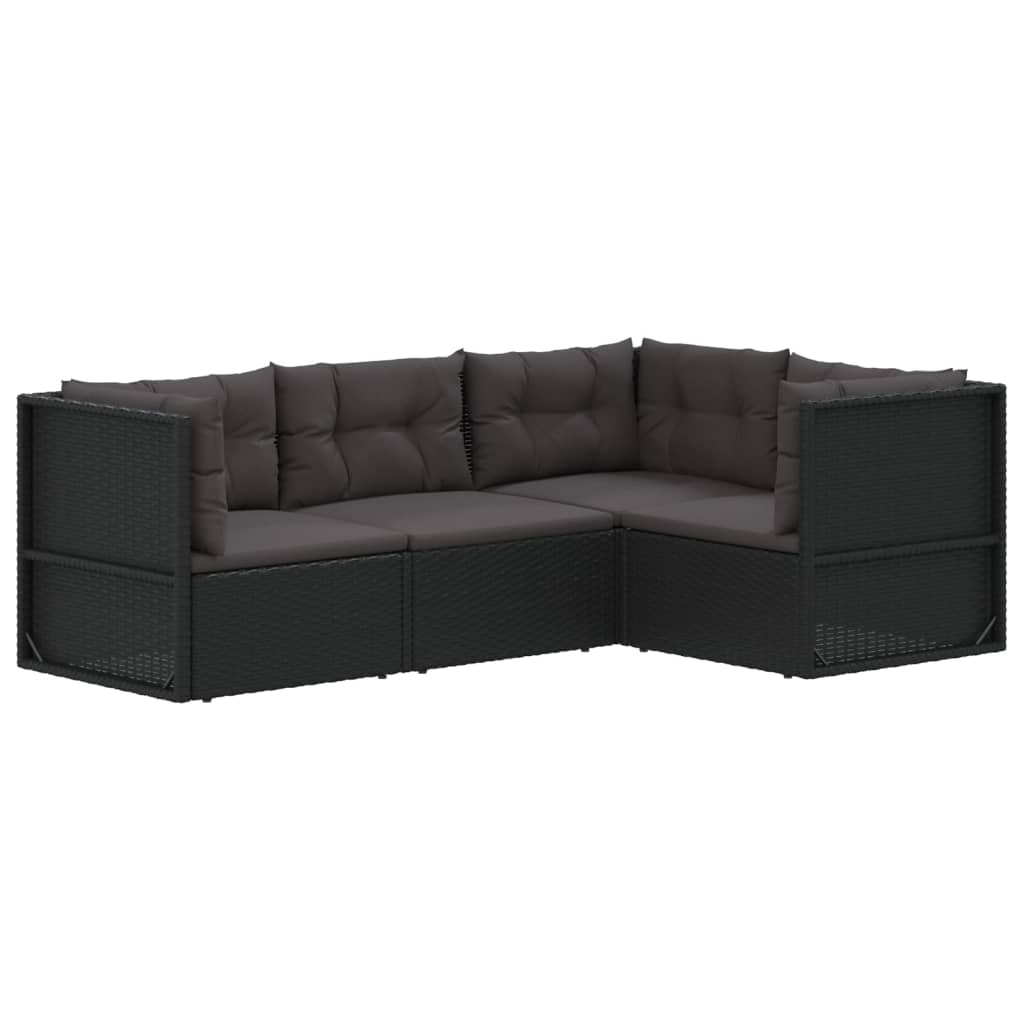 4-tlg. Garten-Lounge-Set mit Kissen Schwarz Poly Rattan