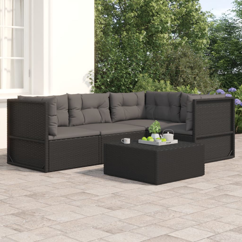 4-tlg. Garten-Lounge-Set mit Kissen Schwarz Poly Rattan