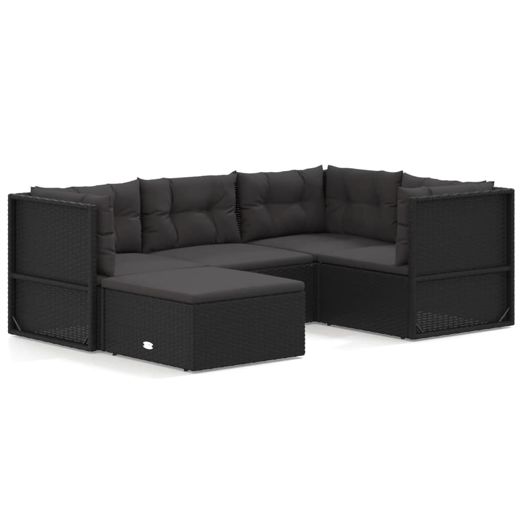 5-tlg. Garten-Lounge-Set mit Kissen Schwarz Poly Rattan