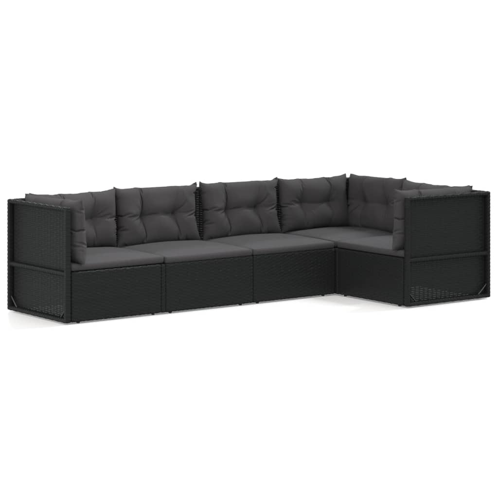 5-tlg. Garten-Lounge-Set mit Kissen Schwarz Poly Rattan