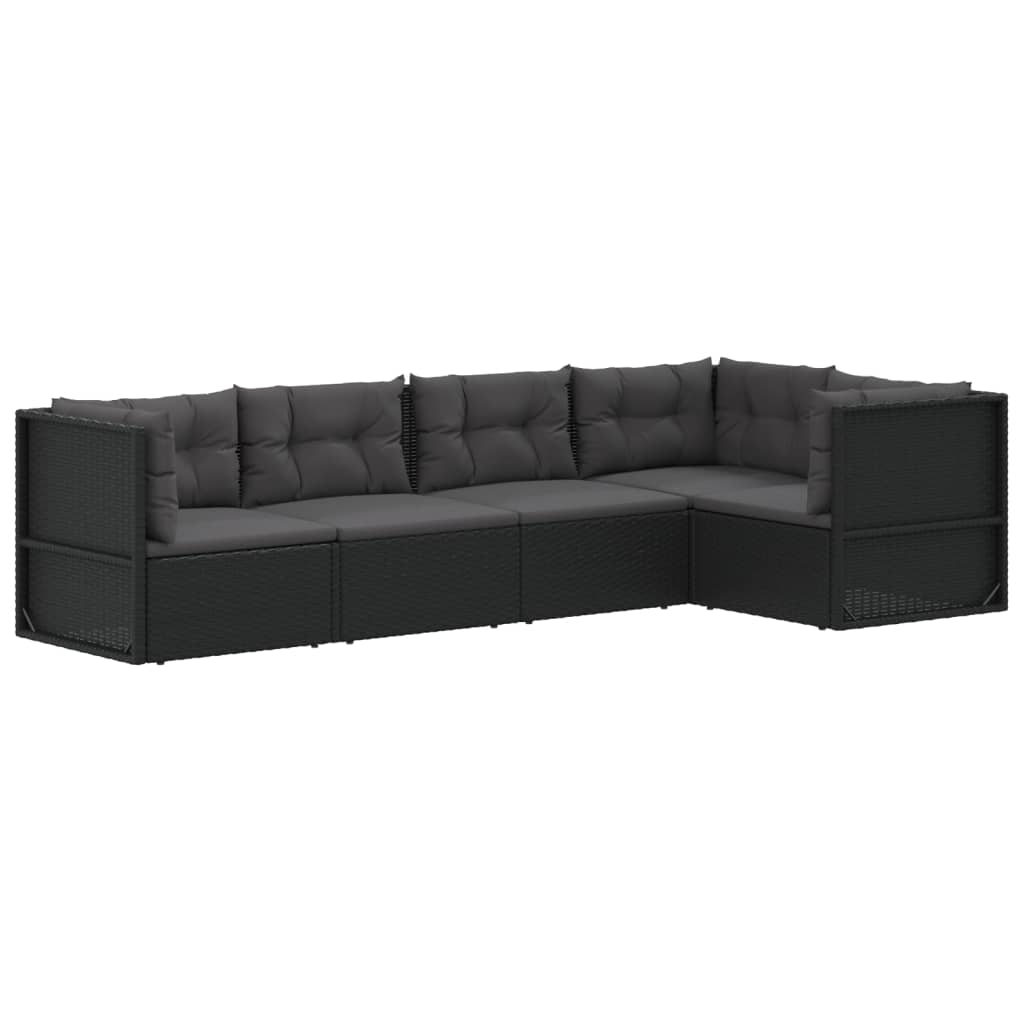 5-tlg. Garten-Lounge-Set mit Kissen Schwarz Poly Rattan