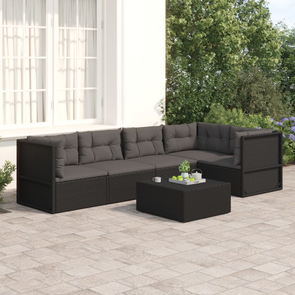 5-tlg. Garten-Lounge-Set mit Kissen Schwarz Poly Rattan